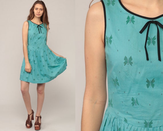 60s Dress Day BUTTERFLY PRINT Mini Turquoise Blue Cotton 1960s Pin Up Mad Men Sixties Vintage Fit and Flare High Waist Sleeveless Small