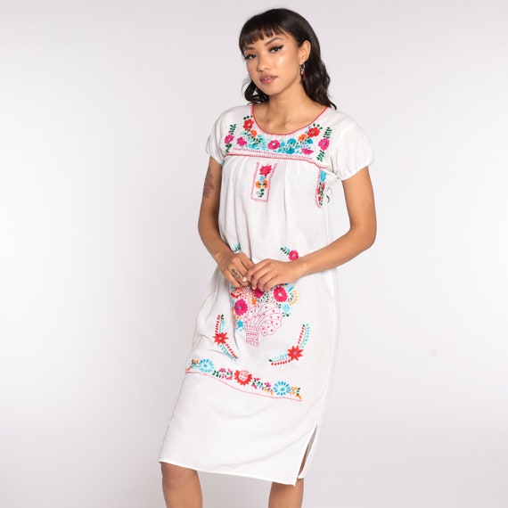 Vestido Blanco Mexicano Bordado Midi PUFF SLEEVE Boho Algodón | Etsy España