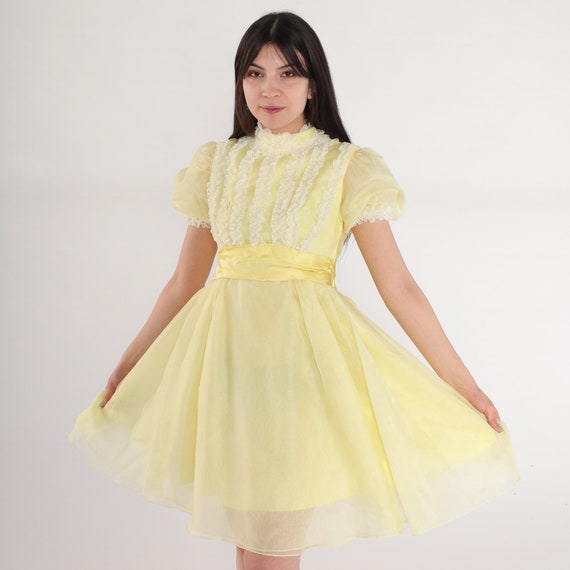 60s Party Dress Yellow Mini Dress Lace Ruffle Puff Sleeve Babydoll High Neck Ribbon Bow Sash Retro Sixties Prom Lolita Vintage 1960s 2xs xxs