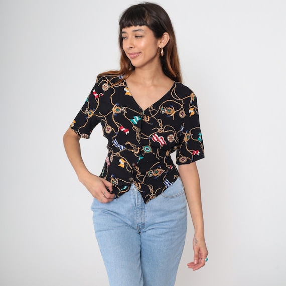Nautical Rope Print Blouse 90s Black Short Sleeve Compass Chain Vintage Relaxed Fit Office Wear Button Front Secretary Medium M