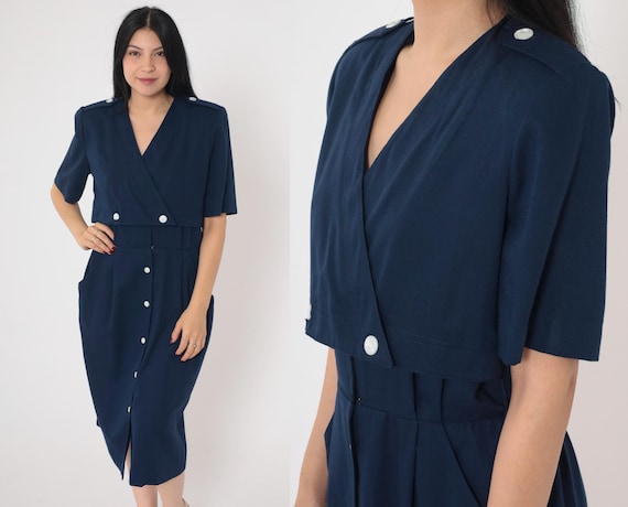 Vintage Navy Blue Shirt Dress 80s 90s Military Inspired Epaulette Button Up Dress Midi Shirtdress High Waist Short Sleeve Petite Medium