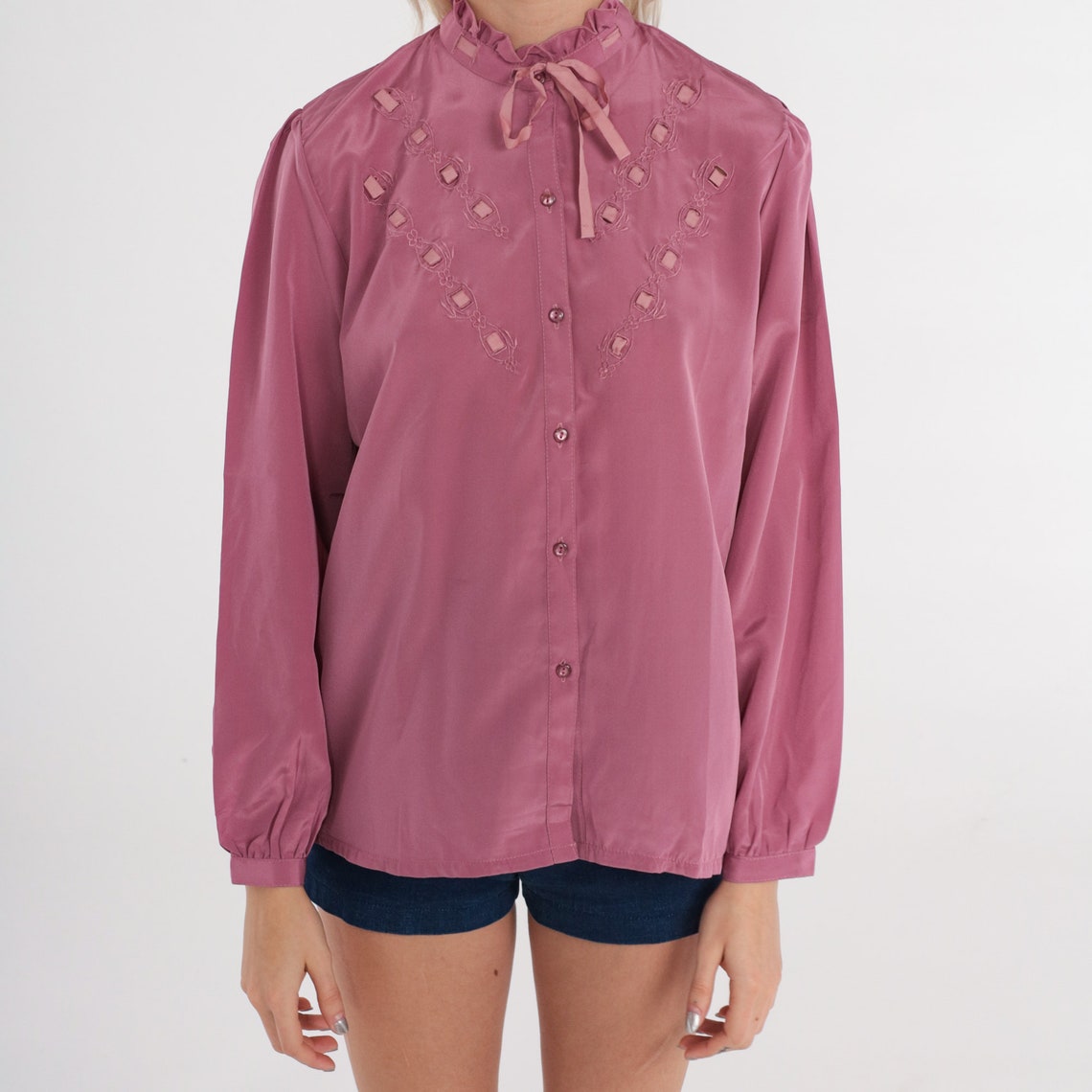 80s Bow Neck Blouse Dusty Rose Pink Shirt Ruffle Neck Secretary Blouse ...