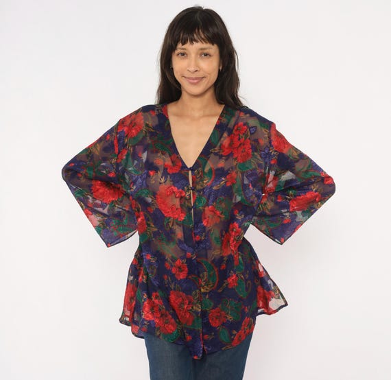 90s Victoria's Secret Sheer Floral Kimono Robe Navy Red Rose Duster Wide Sleeve Coverup Lingerie Paisley Blouse Violet Green Top Small S