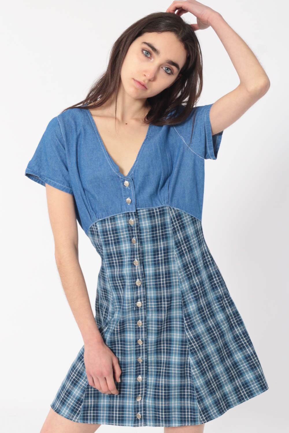 Plaid Denim Dress 90s Babydoll GRUNGE Mini Jean Vintage