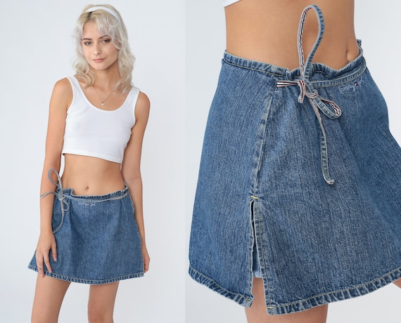 Tommy Hilfiger Skort Y2K Denim Mini Skirt Blue Jean Wrap Miniskirt Embroidered Logo Retro Tommy Girl Streetwear Vintage 00s Medium M 30