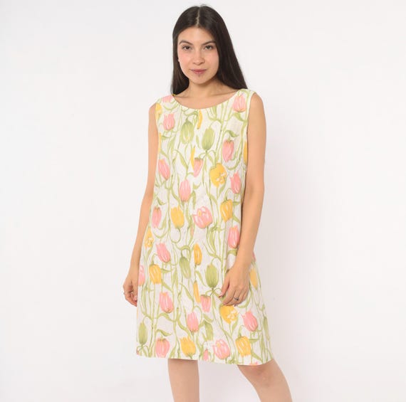 Tulip Print Shift Dress 70s Sleeveless A Line Floral Cotton Knee Length Pink Yellow Olive Green Scoop Neck White Flower Mini Vintage Small S