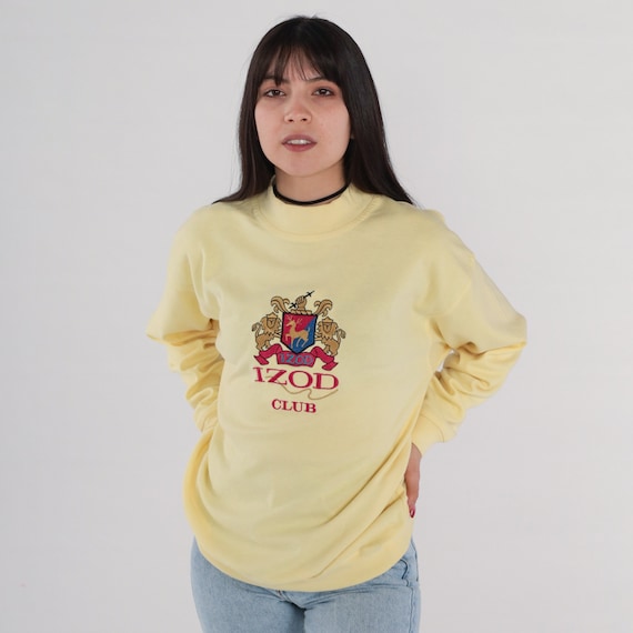Izod Club Shirt 90s Slouchy Light Yellow Shirt Preppy Coat of Arms Shirt 1990s Long Sleeve Shirt Embroidered Banded Hem Extra Large xl
