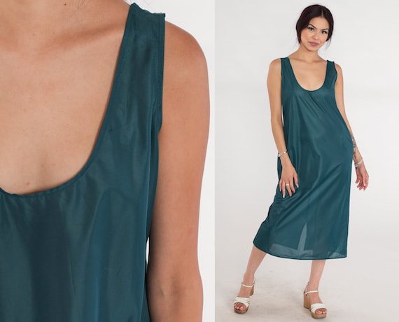Green Slip Dress 90s Semi Sheer Midi Lingerie Tan… - image 1