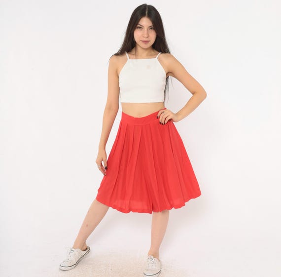 80s Red Culottes Wide Leg Shorts Pleated High Waist Side Button Palazzo Pants Summer Beach Pocket Tomato Crinkle Women Vintage Large L