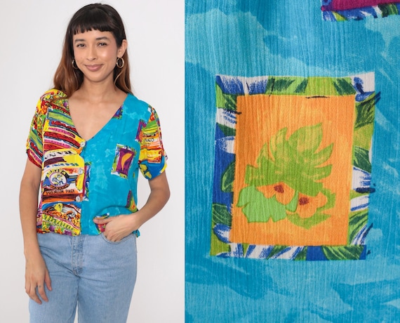 Vintage 90s Tropical Blouse Pineapple Banana Palm Tree Guitar Print V-Neck Button Up Turquoise Key Lime Pie Rayon Shirt 1990s Medium