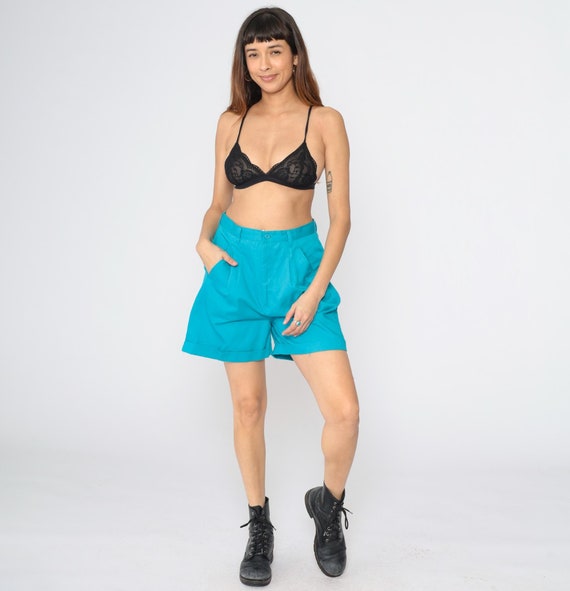 Pleated Turquoise Shorts 90s Mom Shorts High Waisted Retro Trouser Blue 1990s Vintage High Rise Waist Cuffed Shorts Medium