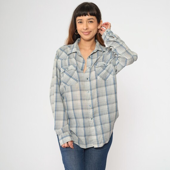 Vintage Levi's Western Shirt 80s Metallic Blue Plaid Levi Pearl Snap Button Up Long Sleeve Rodeo Cowboy Checkered 1980s Men's Extra Large xl