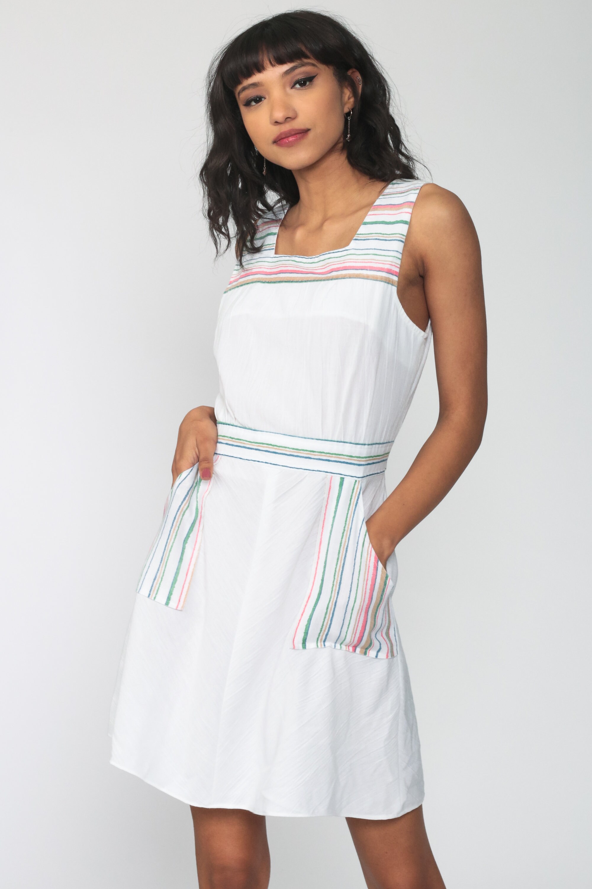 70s Mini Dress White Stripe Dress Pocket Dress Sundress Summer 1970s