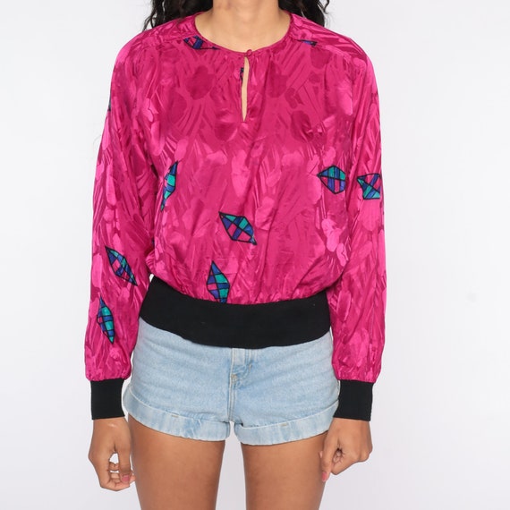 Silk Blouse 80s Hot Pink Slouchy Top Geometric Sh… - image 6