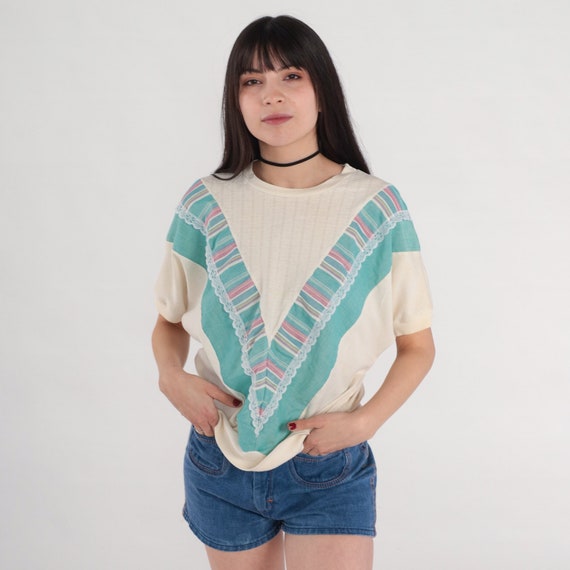 80s Shirt Chevron Striped T-Shirt Cream Ribbed La… - image 2