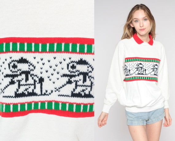 Mouse Ski Sweatshirt 80s 90s White Collared Graphic Sweater Skiing Animal Sports Winter Vintage Retro Sweatshirt Raglan Sleeve Large L