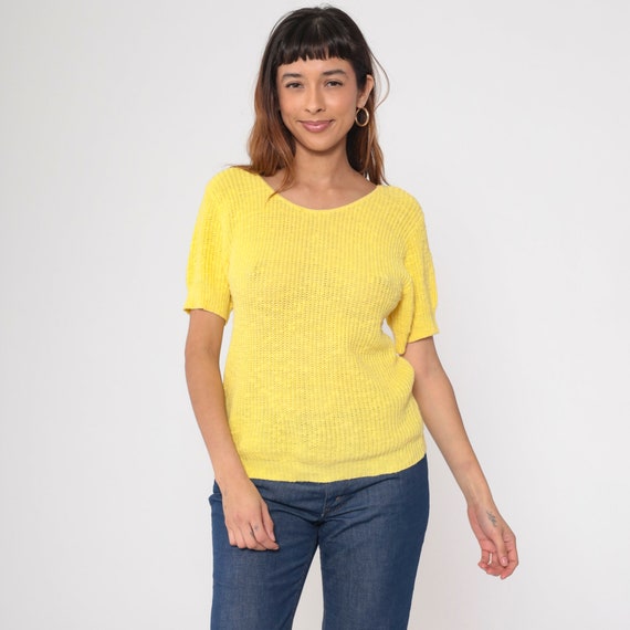 Yellow Knit Shirt 80s Short Sleeve Sweater Top Retro Ribbed Round Neck Hipster Plain Normcore Vintage 1980s Small S