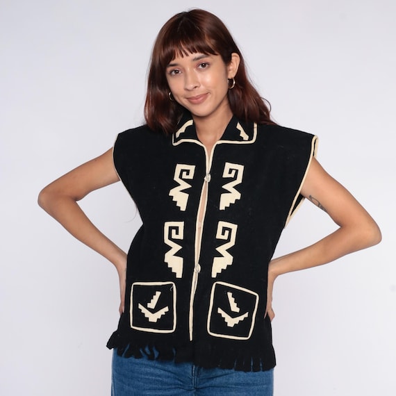 Black Southwestern Vest 90s Geometric Tribal Pattern Zip Front Sleeveless Waistcoat Fringe Vintage Western Native American Layering Medium M