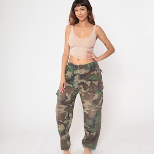 Vintage Camo Cargo Pants 90s Woodland Camouflage Military BDU Adjustable Waist Ripstop Trousers 1990s Utility Medium Regular