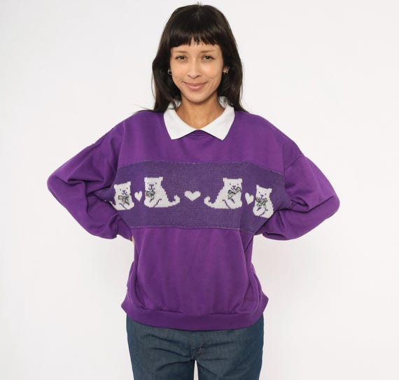 Purple Cat Sweater 90s Collared Sweatshirt Kitten Heart Panel Plum Violet Pullover White Collar Animal Cute Nerdcore Vintage Plus Size 1X