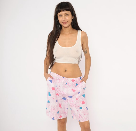 80s Geometric Print Shorts Pink Teal Blue Cotton Triangle Pattern Summer Beach Casual Unisex Loose Fit White Rose Bermuda Length Medium M