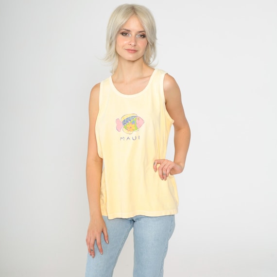 Maui Fish Shirt Hawaii Shirt Yellow Tropical Tank Top 90s Graphic T Shirt Hawaiian Vintage Sleeveless Beach Print 1990s Medium Large