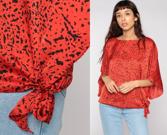 Red Confetti Blouse 80s Dolman Sleeve Shirt Short Sleeve Shirt 1980s Vintage Print Top Flecked Extra Large xl 2xl xxl 2x