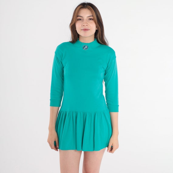 Turquoise Mini Dress 90s Button Back Mini Dress 3/4 Sleeve Drop Waist Floral Embroidered Mock Neck Retro Plain Vintage 1990s 2xs Petite