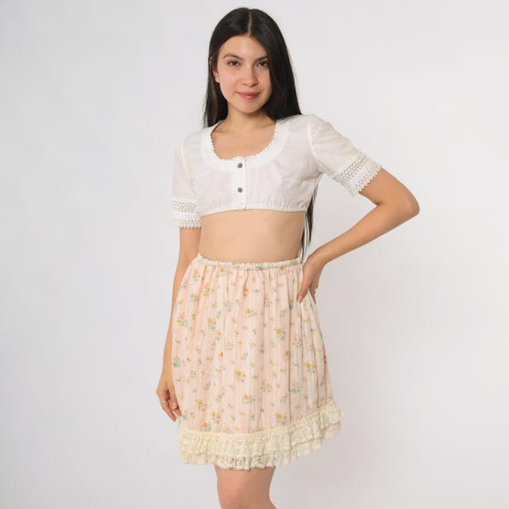 70s Mini Skirt Pink Floral Print Lace Hem Prairie Coquette Style Cottagecore Romantic Dainty Feminine Soft Girl Vintage Extra Small Small