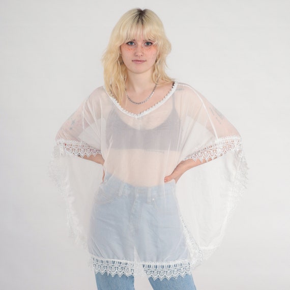 Sheer White Poncho Top Lace Shawl Cape Shirt Hippie Blouse Boho Open Fit Crochet Bohemian Vintage Festival Small Medium Large