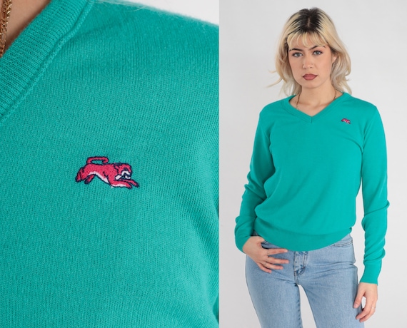Green Sweater 80s V Neck Garan Cat Logo Knit Pullover Sweater Retro Slouchy Preppy Basic Plain Simple Minimal Acrylic Vintage 1980s Medium