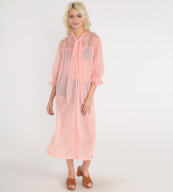 Sheer Pink Robe 70s Lingerie Robe Embroidered Open Tie Front Midi Peignoir Long Nightgown Button up Pastel 1970s Vintage Vanity Fair Medium