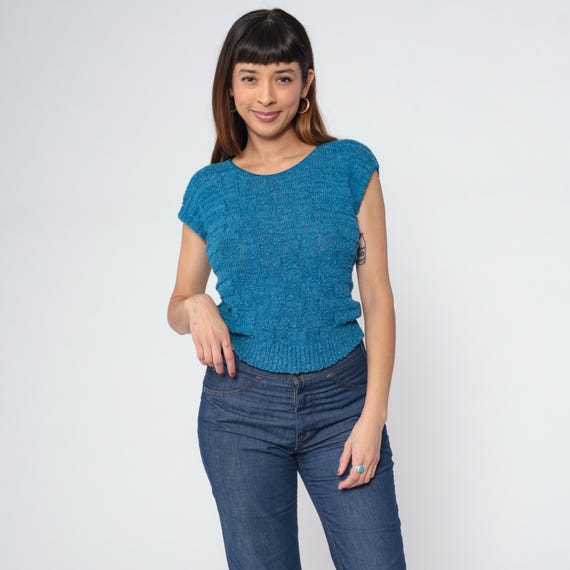 Vintage Blue Cropped Knit Top Cap Sleeve Sweater Top 80s Boho Checkered Texture Acrylic Top 1980s Plain Retro Short Sleeve Petite Small S