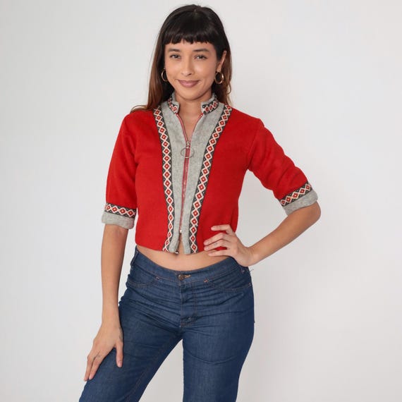 Red Nordic Jacket 1960s Fair Isle Trim Zip Front Cropped Three Quarter Sleeve Wool Vintage Scandinavian Geometric Pattern Extra Small XS