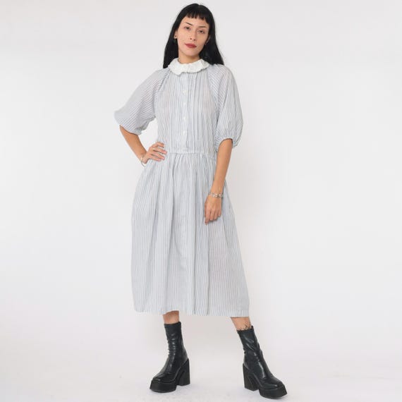 80s Striped Shirt Dress Vintage Button Up Midi White Eyelet Lace Collar Blue White Grey Shirtdress High Waist 1980s 1/2 Sleeve Small Medium
