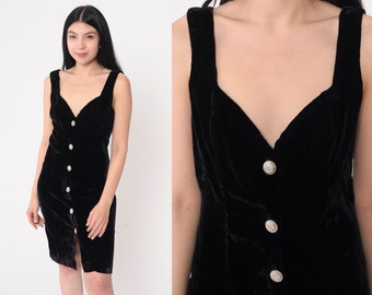 Velvet Mini Dress 90s Black Button Up Party Dress Bodycon Sheath Sweetheart Neckline 1990s Vintage Gothic Sleeveless Minidress Medium 7