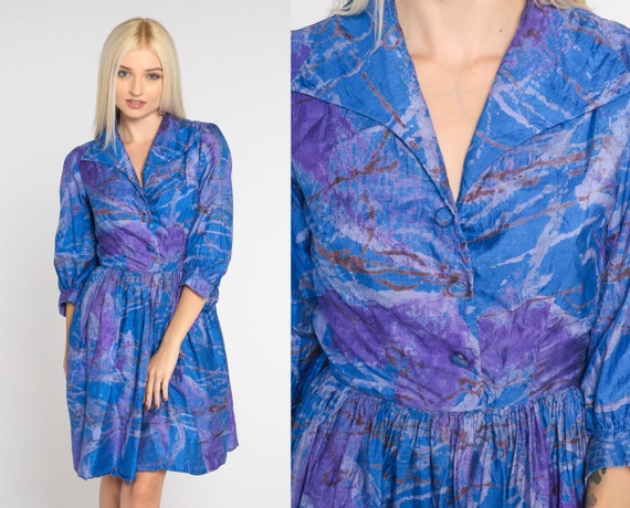 60s Mini Dress Blue Purple Silk Shirtwaist Dress … - image 1