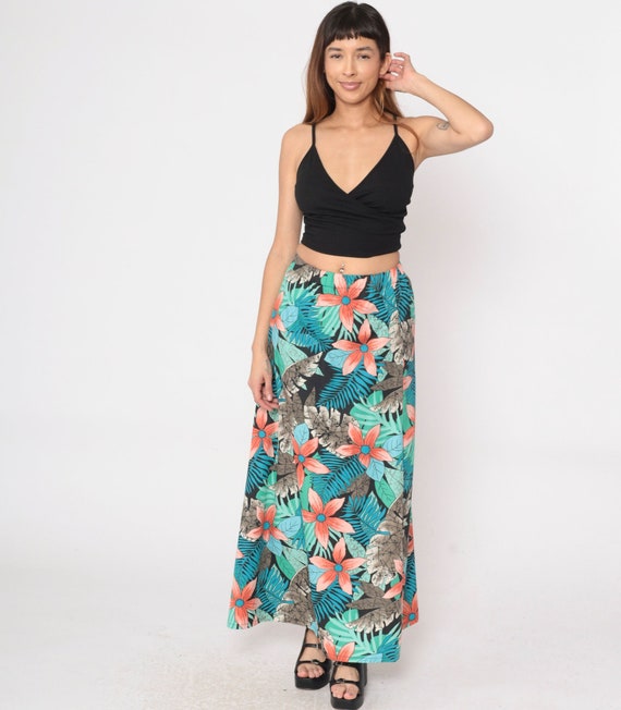 Floral Maxi Skirt 80s Tropical Summer Skirt Fern Print High Elastic Waist 1980s Long Vintage Blue Green Orange Boho Hippie Festival Small