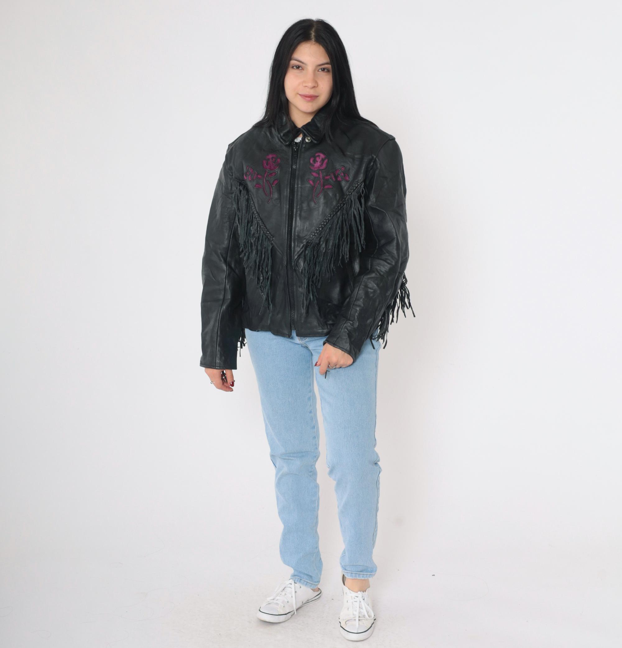 Vintage 90s Leather Fringe Jacket Black Floral Purple Suede