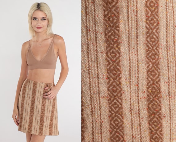 70s Mini Skirt Brown Striped Skirt Tapestry Knit … - image 1