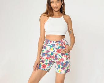 90s Floral Jean Shorts Sasson Denim Shorts White Pink Purple Brushstroke Boho Hippie High Waist Shorts Vintage 1990s Small 27