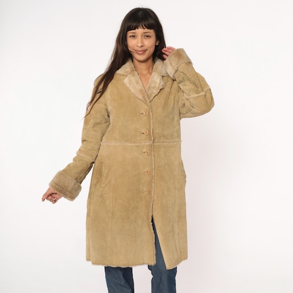 Y2K Leather Coat Beige Tan Shearling Fur Trim Collar Cuffs Button Front Long Winter Vintage Quiet Luxury Outerwear Camel Minimalist Large L