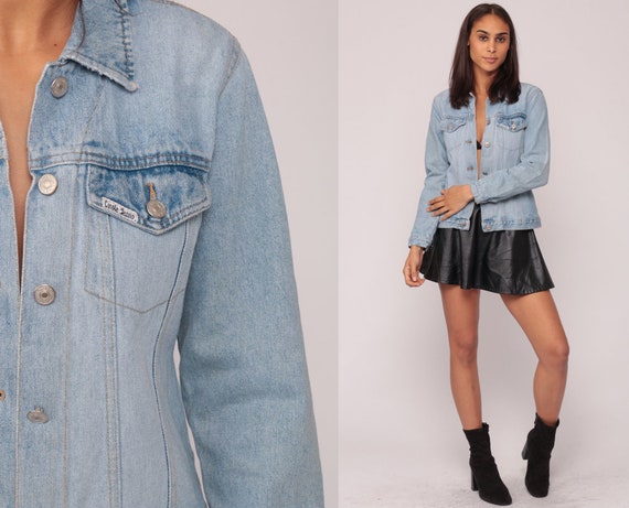 90s Denim Jacket Vintage Jean Grunge 80s Biker Stone Wash Faded Worn Button Up 1990s Hipster Classic Collared Tiny Fit Coat Extra Small XS