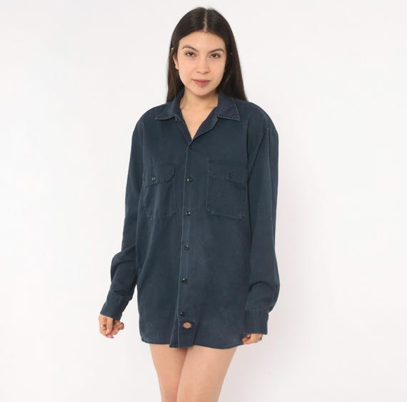 Navy Dickies Work Shirt 2000s Button Front Long Sleeve Utility Top Dark Blue Workwear Camp Collar Uniform Blouse Relaxed Fit Small S