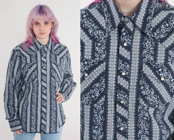 Floral Western Shirt 00s Dark Blue Striped Pearl Snap Button Up Cowboy Rodeo Top Long Sleeve Flower Print Vintage Y2K Men's Large