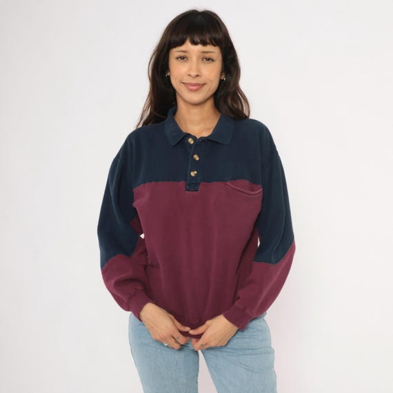 90s Color Block Polo Sweatshirt Navy Burgundy Cotton Two Tone Collared Button Henley Pullover Wine Collegiate Rugby Sweater Vintage Medium M