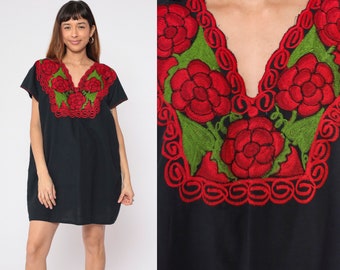 Black Mexican Dress Mini Embroidered Boho Cotton Tunic Hippie Floral Bohemian Vintage Red Embroidery Traditional Small Medium Large