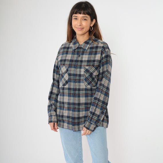 Vintage 1980s Pendleton Board Shirt 100% Wool Plaid Blue Grey 80s Lumberjack Button Up Long Sleeve Tartan Distressed Large