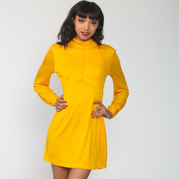 Yellow Babydoll Dress 1970s Mod Mini Dress Button… - image 4