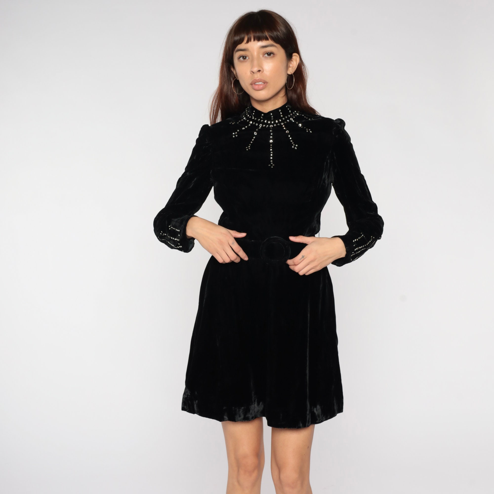 Velvet Mini Dress 60s Mod Rhinestone 70s Party Black Velvet Dress ...